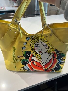 Ed Hardy Yellow Tattoo-Print Tote with Floral Portrait